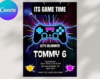 Level Up Birthday Invitation: Neon Video Game Party (Editable Template)