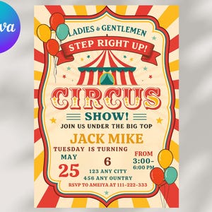 Editable Circus Birthday Invitation, Carnival Party Invite, Printable Circus Theme Invitation, Instant Download, Big Top Party, Editable