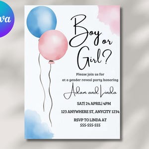 Gender Reveal Einladung Vorlage Ballons Gender Reveal Bearbeitbar Einladen Printable Download Digital Gender Reveal Party einladen Evite Card