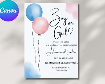 Gender Reveal Invitation | Editable Template | Pink or Blue, boy or girl Watercolor Invite