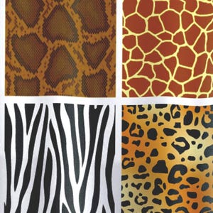 May include: A shower curtain featuring a grid of nine distinct animal print patterns, including leopard, cheetah, zebra, tiger, giraffe, and snake skin designs in various shades of brown, black, white, orange, and yellow, suspended by metal hooks.