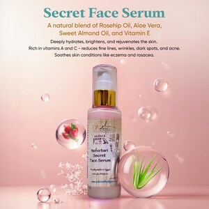 May include: A clear glass bottle with a gold lid and a pink label. The label says "Nefertari Secret Face Serum" and is decorated with Egyptian hieroglyphs. The bottle is sitting on a pink background with a rosehip and an aloe vera plant.