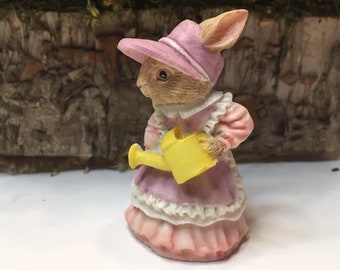 Small Enesco Vintage Resin Bunny Rabbit Lady Long Dress Apron Ruffled Bonnet Watering Can Label