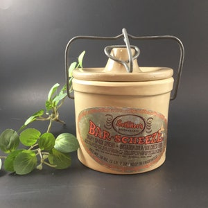 Win Schuler&#39;s Bar Scheeze 18 oz Stoneware Crock with Metal Clamp and Foil Label Marshall, Michigan Farmhouse