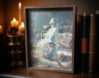 Jesús orando en una caja de sombras lenticular vintage, Getsemaní, 3D
