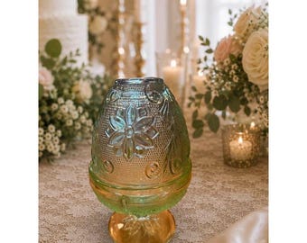 Lámpara de hadas Chantilly verde vintage / Portavelas floral de cristal Indiana, década de 1970