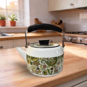Vintage Fancipans Paisley geëmailleerde waterkoker met schommelhandvat en deksel groen bruin wit retro jaren 70 designmerk