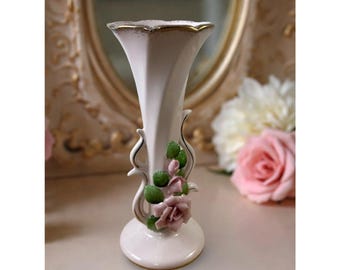 Vintage Ceramic Bud Vase With Applied Pink Roses & Green Leaves Gold Accents 6.5" Tall