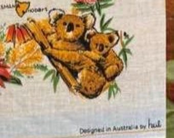 Vintage Australia Souvenir Hankie, Koala Kangaroo Map Handkerchief, Australian Travel Memorabilia, Linen Hanky, Designed by Heil