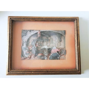 Vintage Anton Pieck Framed 3D Cut Paper Art 14x12 Shadow Box Diorama Print