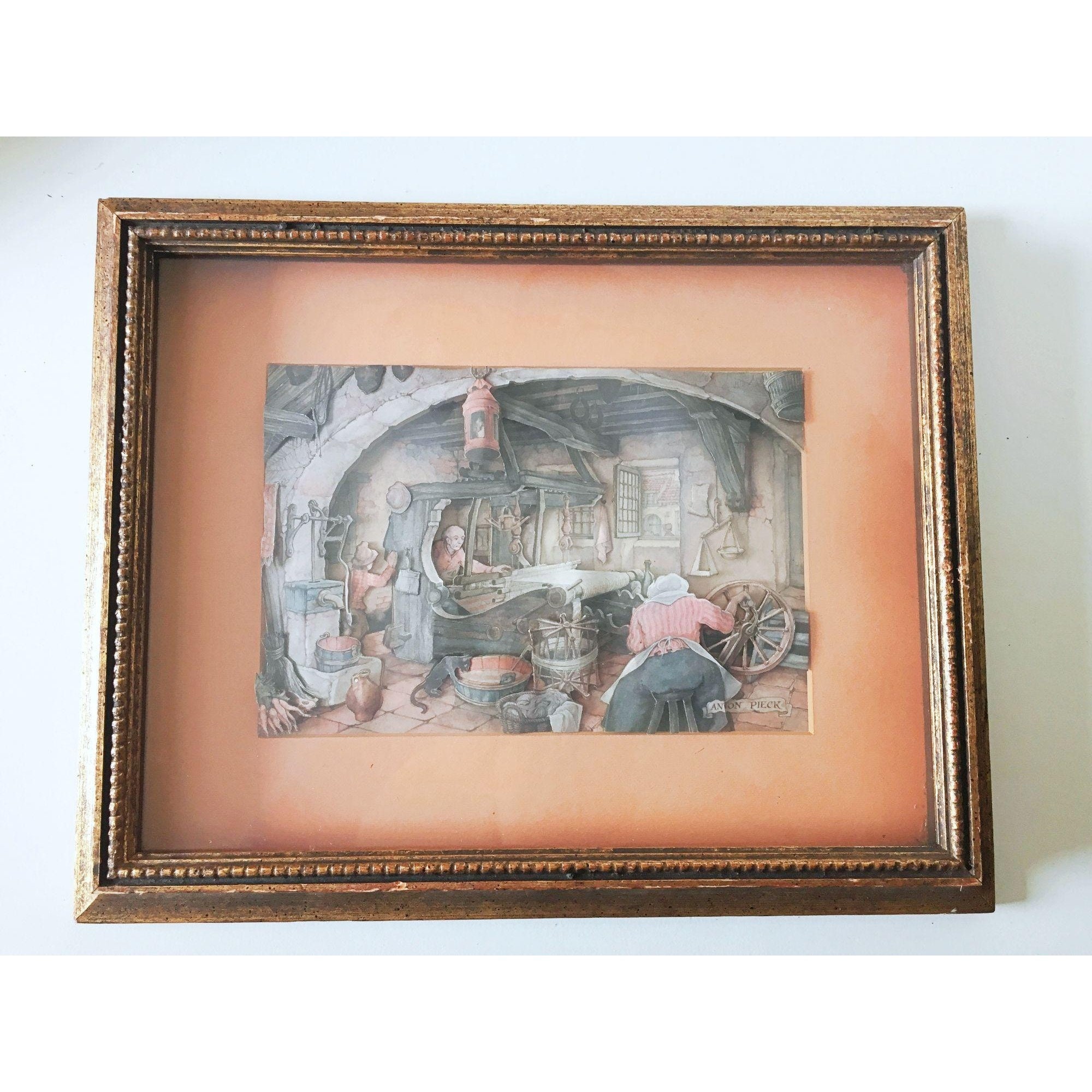 Vintage Anton Pieck Framed 3D Cut Paper Art 14x12 Shadow Box