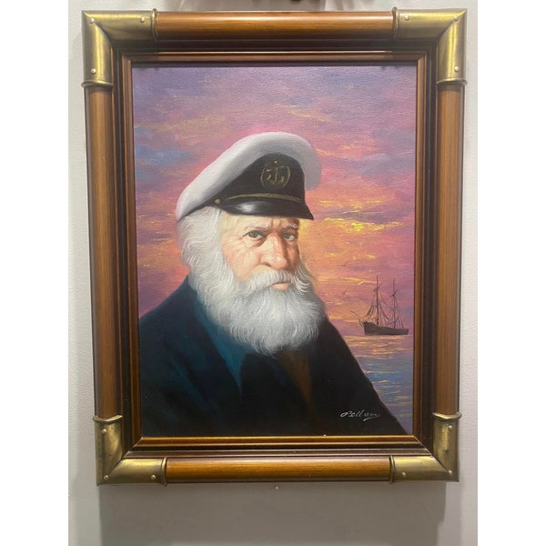 Original Signed PELBAM Oil Painting Old Sea Captain Original Wood Frame 1988 Nautical