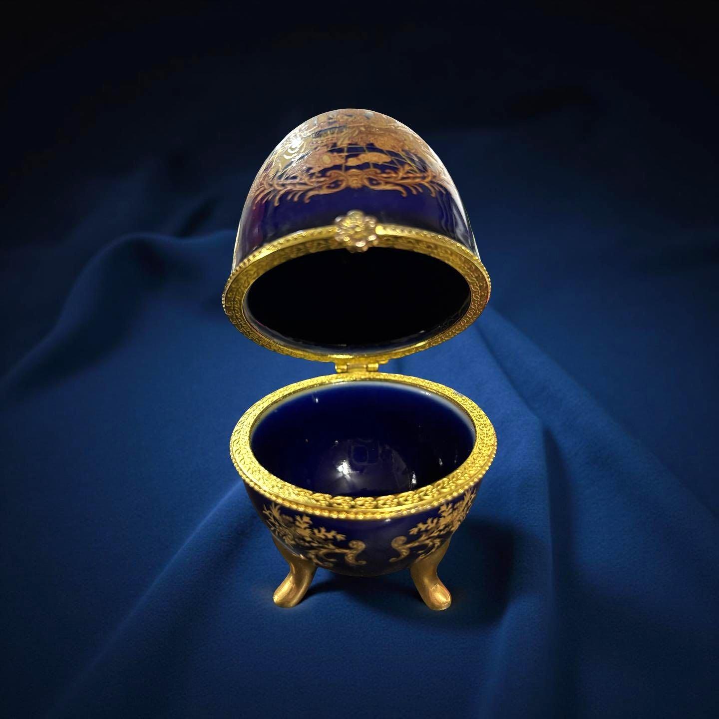 Vintage Cobalt Blue Porcelain Trinket Egg: Limoges-style Rococo