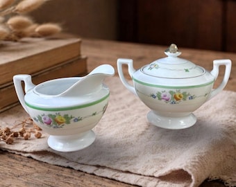 Set da tè vintage giapponese con lattiera e zucchero, decorazione rustica, con fiori verdi e dipinto a mano, ideale per la cucina in stile rustico.