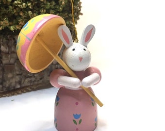 Vintage Small Wood Rabbit with Wood Umbrella Ornament Handmade Look Easter Decor
