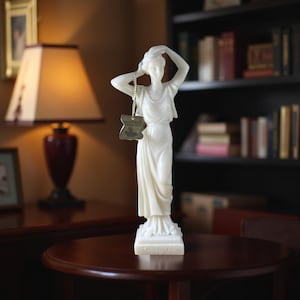 Tanagra Figurine Greek Woman Statue – 10&quot; Alabaster Sculpture Handmade in Greece Dark Academia