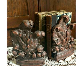 Pair of Heavy Vintage Art Nouveau Acanthus Leaf Bookends – Carved Wood Look Composition Book Ends Dark Academia Library Decor