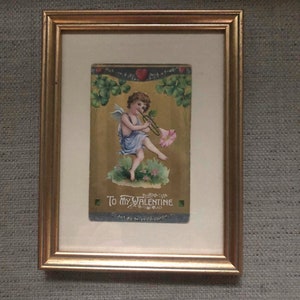 Antique Framed German Valentine Postcard Cupid Dancing with Morning Glory Horn Shamrocks
