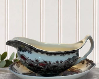 Saucière Johnson Bros « The Friendly Village » avec sous-plat, fabriquée en Angleterre, décor vintage en polychromie marron.