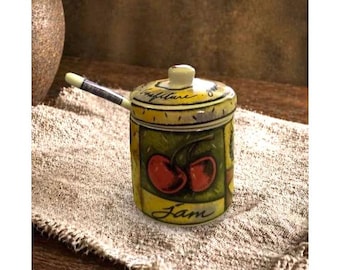 Pot à confiture en céramique peint à la main avec couvercle et cuillère - Motif fruits - Vaisselle style vintage