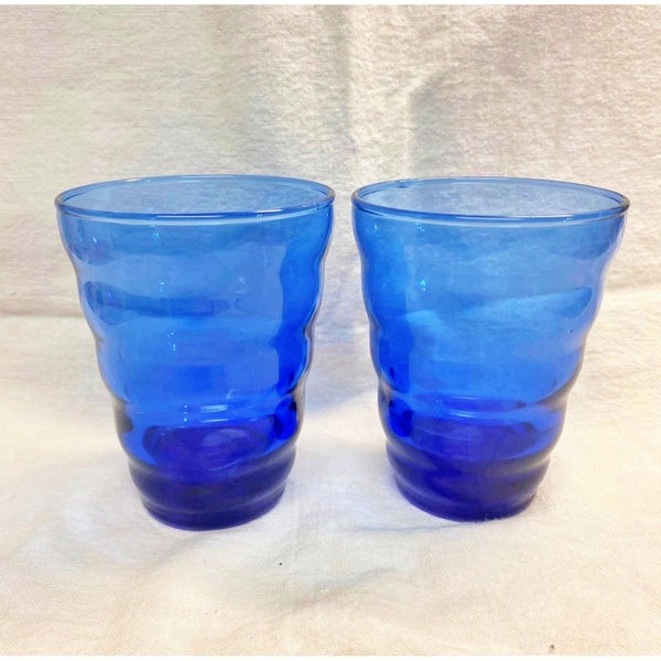 2 Anchor Hocking Cobalt Blue Glass Tumblers Beehive Ribbed 10 0z