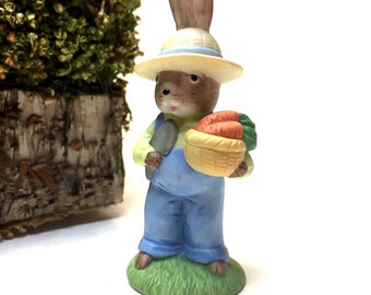Vintage Ceramic Russ Bunny with Basket of Carrots and Straw Hat Figurine