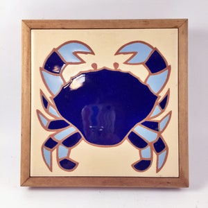 Blue Crab Tile Framed Trivet Wall Decor Tropical Coastal