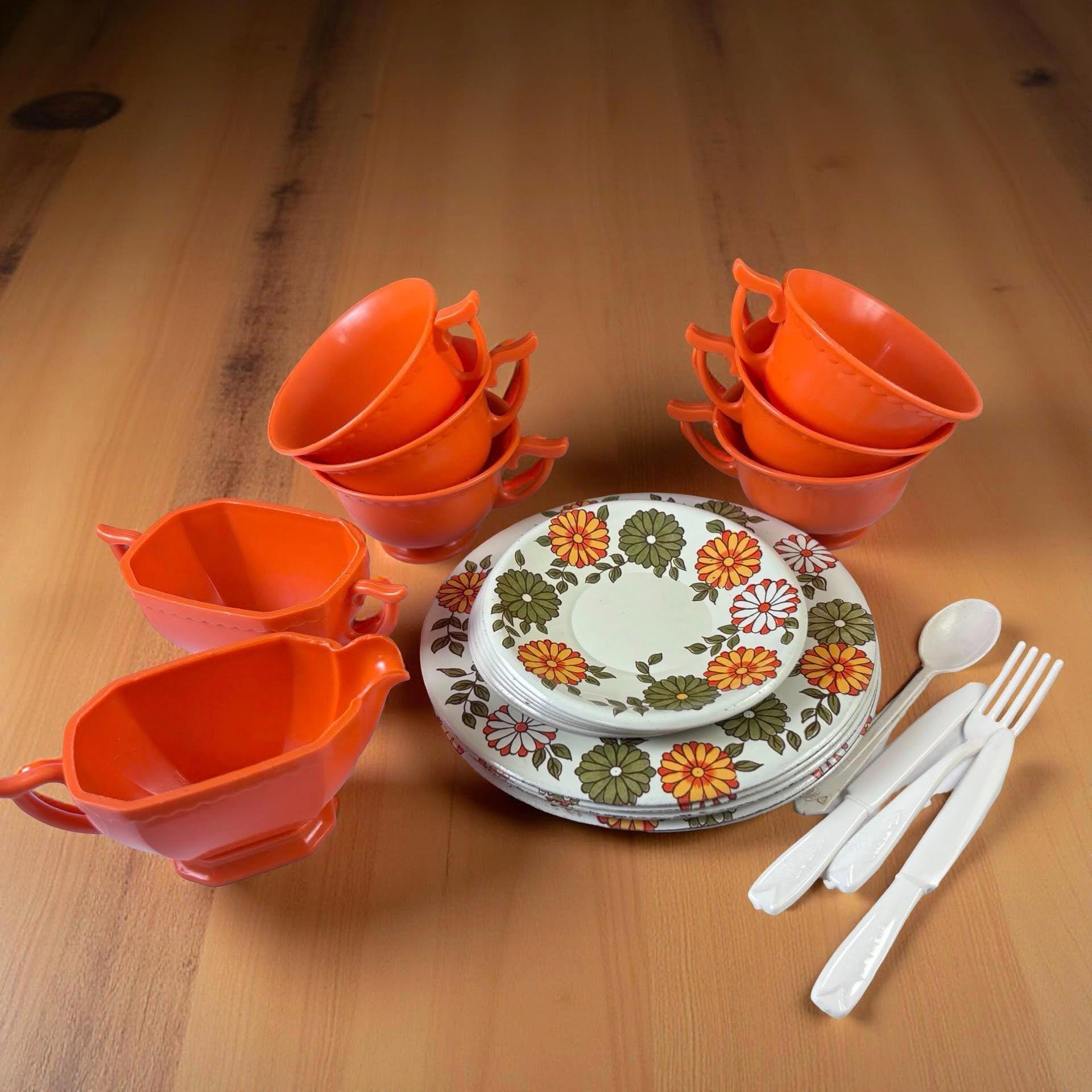 Vintage 1960s Child's Tin Tea Set | Harvest Orange Floral Toy