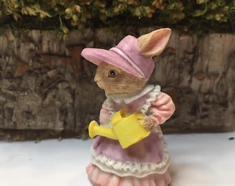 Small Enesco Vintage Resin Bunny Rabbit Lady Long Dress Apron Ruffled Bonnet with Watering Can Label