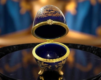 Vintage Cobalt Blue Porcelain Trinket Egg: Limoges-style Rococo