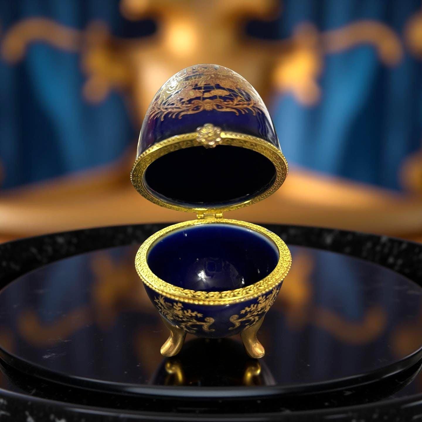 Vintage Cobalt Blue Porcelain Trinket Egg: Limoges-style Rococo