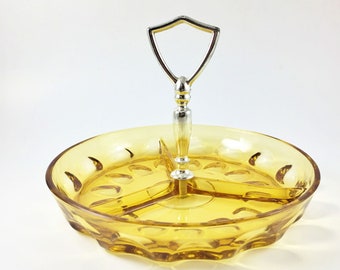 MCM Amber Glass Divided Dish with Handle 8 Inches Across Thumbprint