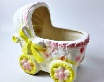 Vintage Nursery 1960s 1970s Baby Planter Pastel Bassinet or Cradle Yellow Pink