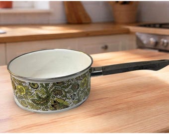Fancipans retro geëmailleerde pan uit de jaren 1970 met groen paisley-patroon 12,5" lengte 3,5" diep vintage kookgerei