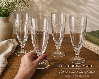 Vintage Tall Tiffin Franciscan Rose Marie Iced Tea Glasses | Mid Century Elegant Etched Stemware | JL  Blown Glass (1960–1967)