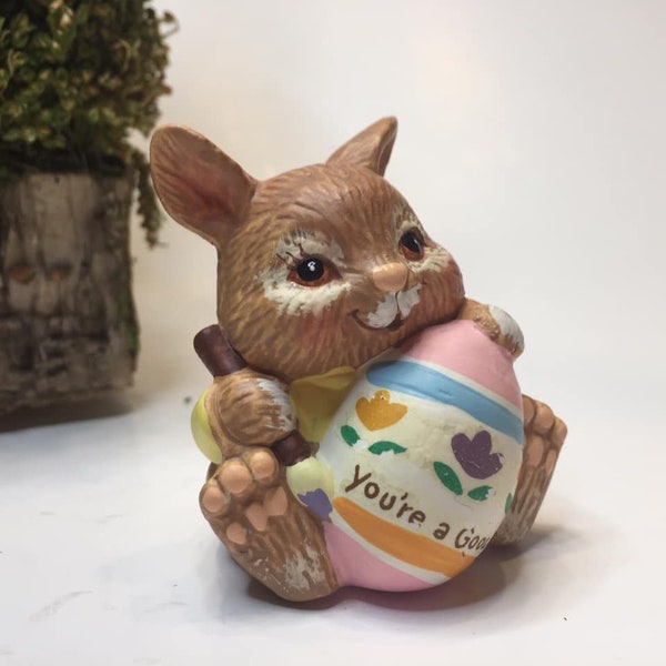 Vintage Enesco Bunny with Pink Easter Egg Critter Sitter Yellow Shirt with Label