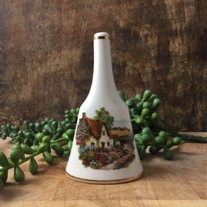 Vintage English Fine Bone China Bell With Cottage Scene & Gold Trim By Printwash Pottery Gloucester