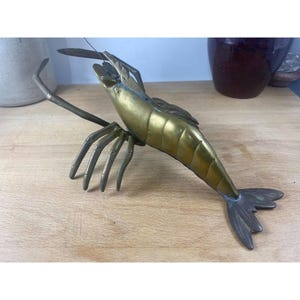 Vintage Brass 12&quot; Lobster Shrimp Nautical Metal Animal Figurine Art Decor