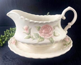 Vernon Rose Pink by METLOX - Poppytrail - Vernon Ware Gravy Boat with Attached Underplate Roses SEE NOTE