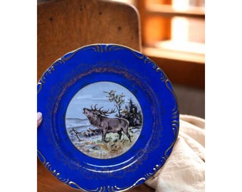 Royal Vienna Style Cobalt Blue Porcelain Cabinet Plate with Elk Motif and Gilded Details