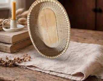 Cesta de pan ovalada estilo Nantucket tejida a mano, estilo vintage / Base de madera maciza / Estilo casa de campo costera / Cesta de servir de junco tejido