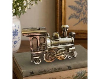 Tirelire vintage International Silver Train, locomotive en métal argenté, décoration d'étagère, souvenir de bébé, 1992