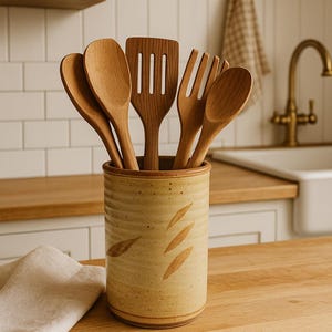 Handmade Pottery Utensil Holder, Rustic Farmhouse Kitchen Crock, Signed Ceramic Vase, Studio Pottery, Earthy Natural Decor