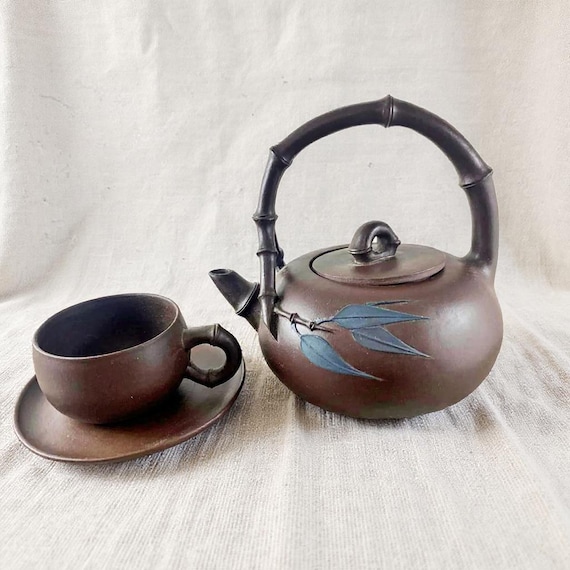 Vintage Yixing Zisha Tea Set: Purple Clay Bamboo Teapot, 6 Cups & Saucers