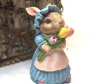 Small Enesco Vintage Resin Bunny Rabbit Lady Long Dress Apron Ruffled Bonnet with Bouquet of Tulips Label