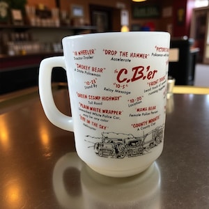 Vintage Fire-King CB’er Trucker Slang Milk Glass Mug – Anchor Hocking 1970s CB Radio Lingo Coffee Cup USA