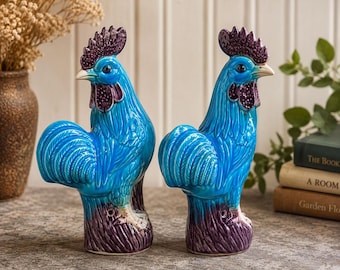 Paire de figurines de coqs turquoise vintage MTC Taiwan | Poules chinoises émaillées aubergine | Décoration maximaliste Grandmillennial