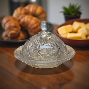Vintage Uranium Glass Butter Dome Pressed Starburst Design Glows Under UV 6.25” Wide Mid-Century Unmarked Vaseline Glass Dish