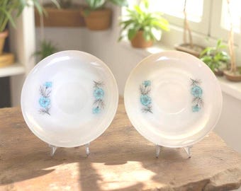 Vintage Fire-King Saucers – Blue Cornflower Pattern – Set of 2 – 1950s Milk Glass