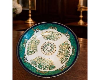 Vintage Japanese Porcelain Chinoiserie Bowl, Decorated in Hong Kong ISCO, Turquoise & Gold Floral Cabinet Bowl, Hollywood Regency Decor